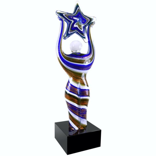 Glass art person holding up a star made with blue & gold colors, AGS63 is 12" tall, weighs 4.6 lbs