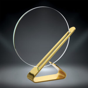 Our Gold Prestige Glass Award features a glass circle for laser engraving personalization held in a contemporary gold metal bracket. Perfect for corporate recognition. This 76407-G is 6.75" x 7.5" in size and comes packaged in a deluxe gift box.