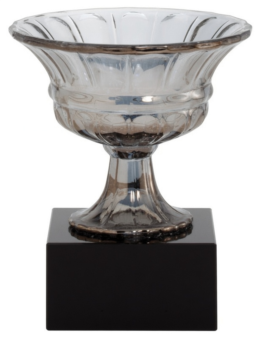 The award features an elegant, ornate smoked silver-gray crystal bowl with intricate fluted and embossed patterns, resting on a matching crystal pedestal. It is mounted on a solid black square base with a polished finish. The front of the base is engraved with a silver laurel wreath and star logo above the text 'CHAMPIONSHIP 2026' in clean uppercase lettering. The trophy is shown from a straight frontal view against a clean white studio background with bright, even lighting that highlights the reflective surfaces, smoky glass tones, and detailed craftsmanship.
