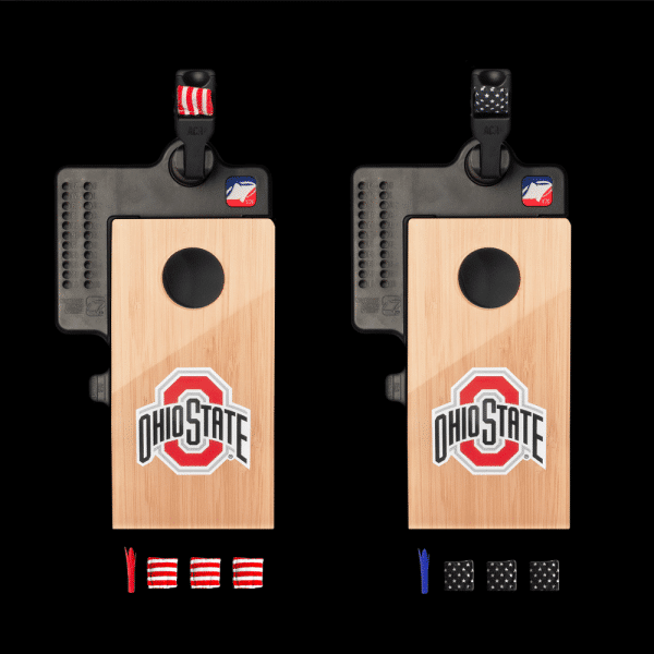 View of everything that comes with the Ohio State Mini Cornhole Set