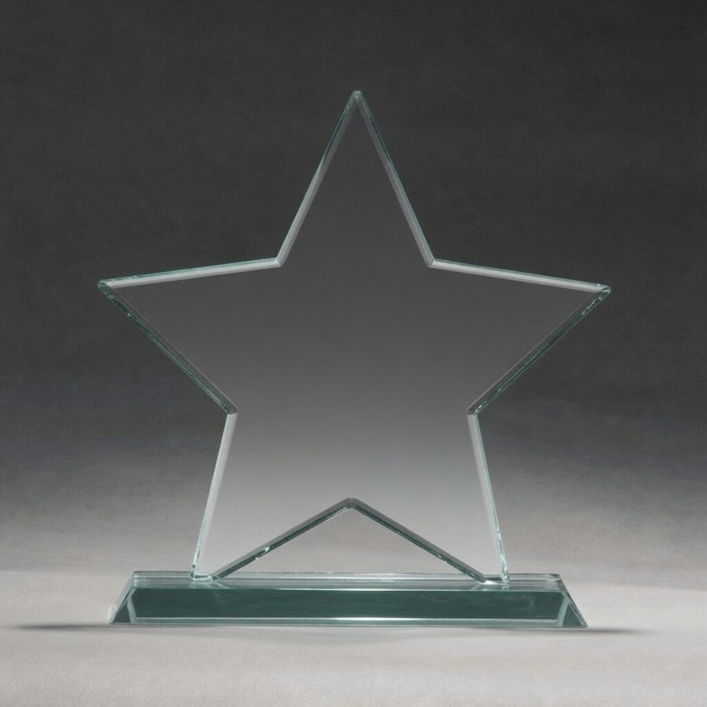 The award features a clear, five-pointed star-shaped piece of thick optical glass with smooth, polished edges and facets, mounted on a matching clear glass rectangular base with a supportive V-shaped cradle. The front surface of the star is completely blank and smooth, ready for custom laser engraving or personalization. The trophy is shown from a straight frontal view against a neutral dark gray studio background with soft, even lighting that highlights the glass clarity, transparency, and subtle edge reflections.