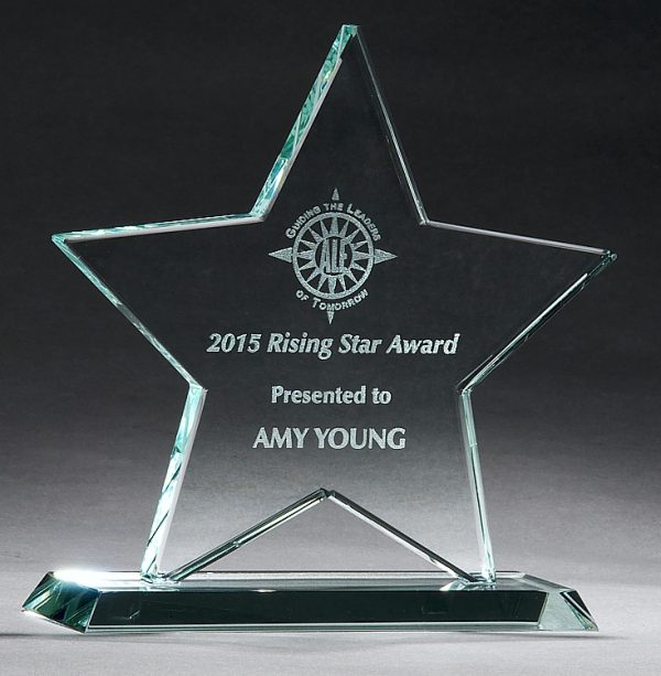 Glass star award for engraving, mounted on a glass base, g2757, 5.875" tall, packaged in deluxe gift box