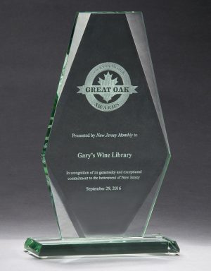Imperial glass award mad with 1/2" thick glass, mounted on glass base, packaged in deluxe gift box