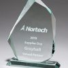 Iceberg shaped jade glass award, mounted on glass base, made with 5/8" thick glass, packaged in deluxe gift box