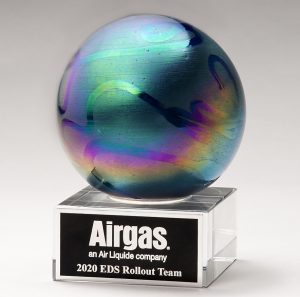 Glass sphere with prism color effects, mounted on clear glass base, 2310, 6" tall, weighs 5 lbs, packaged in deluxe gift box