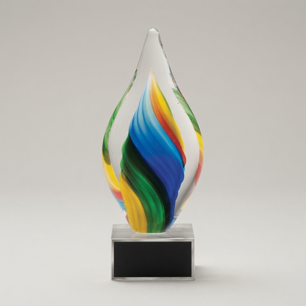 A realistic product photograph of the Rainbow Twist Art Glass Award (model 2293) by Hit Trophy. The award features a tall, elegant teardrop/flame-shaped hand-blown art glass piece with vibrant, swirling rainbow-colored twists (green, blue, yellow, orange, and red) suspended inside clear glass. The colorful internal design creates a dynamic, flowing flame-like pattern. The glass sculpture is mounted on a clear rectangular acrylic base. A blank black rectangular engraving plate with a silver border is centered on the front of the base, ready for personalization. The entire trophy is photographed from a straight frontal view against a clean, uniform light gray studio background with soft, even lighting that highlights the glass reflections, transparency, and colorful swirls. Dimensions are approximately 3.5 inches wide by 9 inches tall.