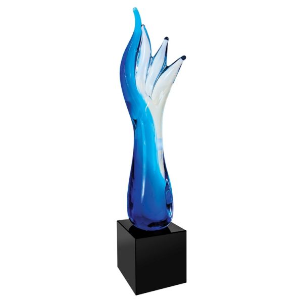 Blue flame art glass award with blue colors throughout, Blue Aspire Art Glass Award, AGS45