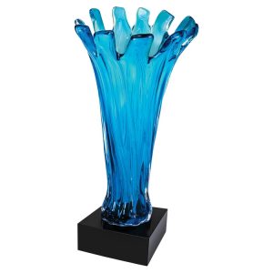 Blue art glass vase in the shape of a castle battlement at the top, Mounted on a black glass base