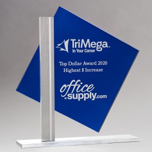 Blue glass square for personalization mounted to silver metal post & base, G3010, 8" tall