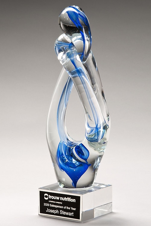 Unique art glass sculpture with blue accents, Mounted on a clear glass base, 2297, 12" tall