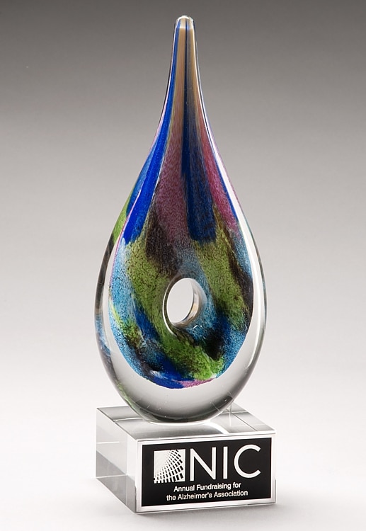 Glass raindrop with hole in middle & multiple colors throughout, Mounted on glass base, 2288, 9.75" tall, weighs 3.8 lbs