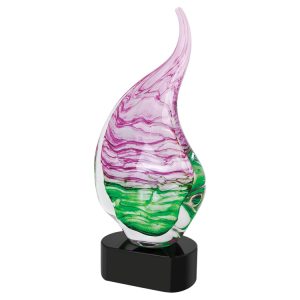 Glass Teardrop with pink & green colors, mounted on black glass base, AGS46 is 15.5" tall, Weighs 10 lbs