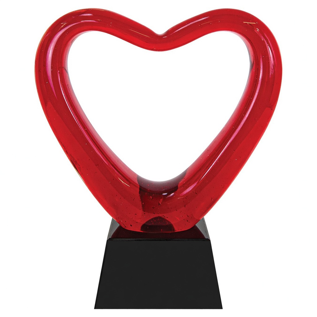 A vibrant, glossy red heart-shaped crystal trophy with smooth curves and subtle internal bubbles, mounted on a sleek black rectangular base. 6″ x 6.5″ handcrafted award perfect for recognition, appreciation, and personalization.