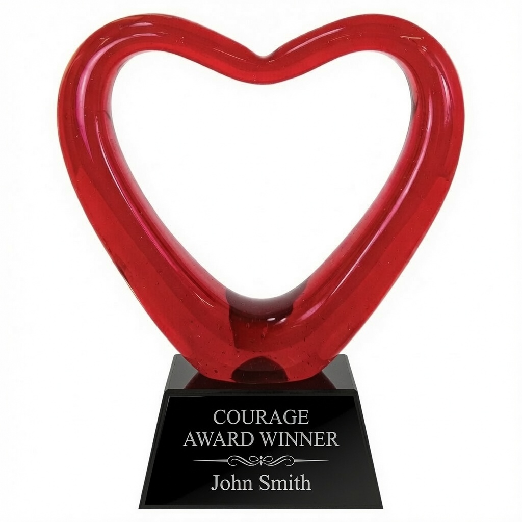 A vibrant, glossy red heart-shaped crystal trophy with smooth curves and subtle internal bubbles, mounted on a sleek black rectangular base. 6″ x 6.5″ handcrafted award perfect for recognition, appreciation, and personalization.