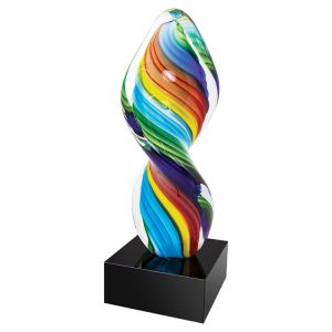 Twisted piece of art glass with a rainbow of colors, mounted on black glass base, AGS49 is 10.5" tall, Weighs 4.5 lbs