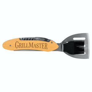 5 in 1 BBQ Multi Tool that features a grill spatula, brush, corkscrew & other tools.