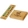 Our Personalized Mancala Set features 24 blue & yellow glass marbles in a wood folding set. It can be personalized with for free with either laser engraving or full color process. This particular set is laser engraved with a logo for the Play & Merriment Toy Shop. When open this MNC01 mancala set is 17.25" long & 5.25" wide.