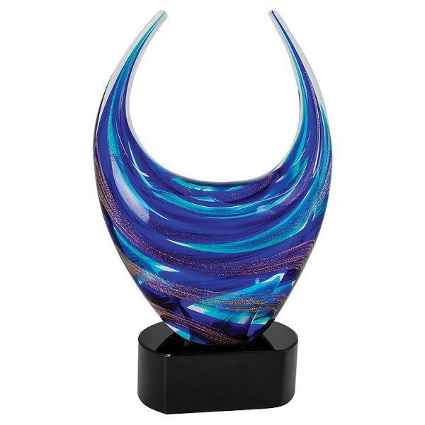 Blue Dual Rising Art Glass Award, AGS24, Piece of glass with two rising sides & blue colors mounted on a black glass base