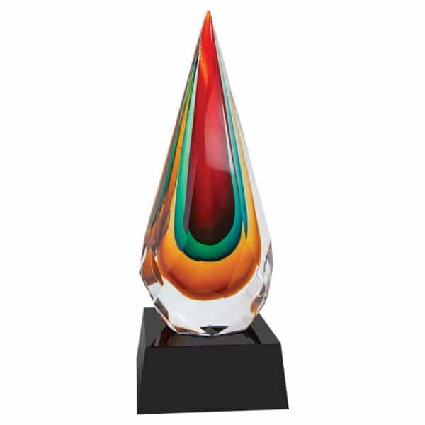 Glass raindrop with red, green & orange inside, Mounted on a black glass base, AGS37, 12" tall, Weighs 6.3 lbs