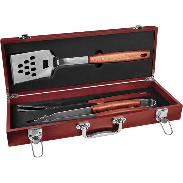 Rosewood BBQ Grilling Set shown open with a spatula on the top side and the tongs & grilling fork on the bottom.
