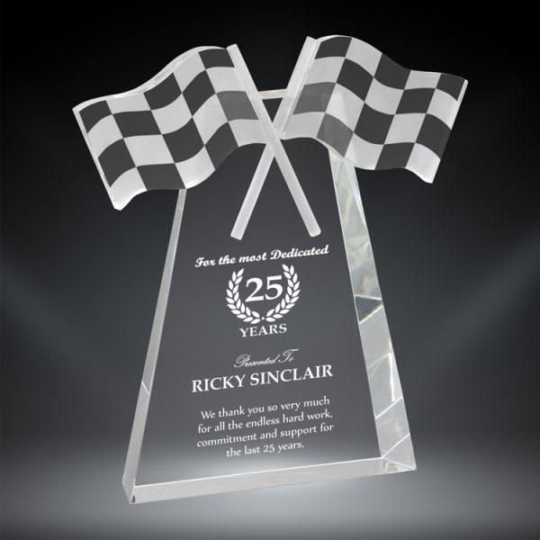 Checkered Flag Trophy made from crystal with free engraving.