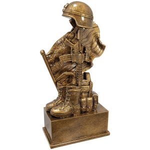 Fallen Solider Statue with helmet on gun, boots, American Flag & a place for engraving.