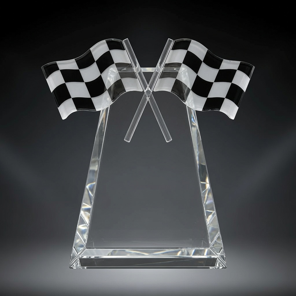 a modern clear optical crystal award featuring two crossed black and white checkered racing flags mounted on a tall faceted crystal base. Shown in a straight frontal view.