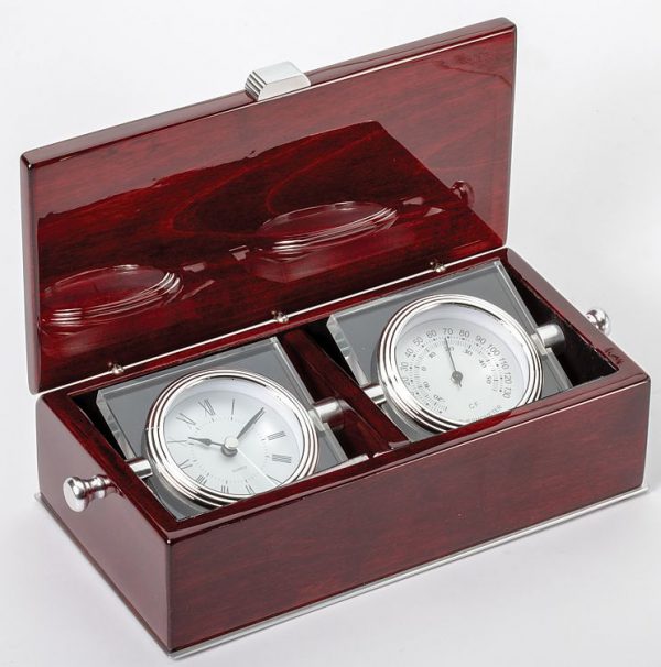 Clock & thermometer inside of a piano finished rosewood box. RWS130 is 9" x 5" Size, Weighs 7 lbs