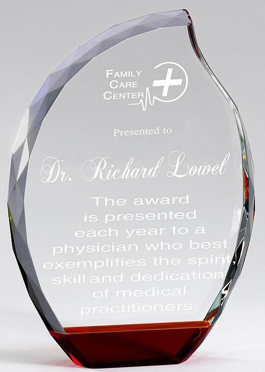 Flame shaped crystal award with red crystal at the bottom, CRY549 is 8" tall, weighs 4.6 lbs.