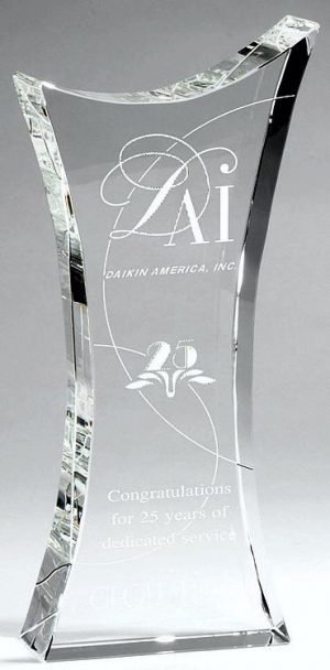 Clear crystal trophy made with 1.5" thick crystal, stands alone without base. CRY749 is 4.5" x 10" Size, Weighs 5 lbs.