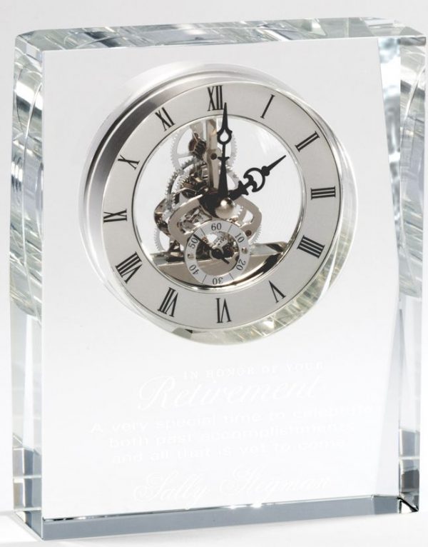 Rectangle crystal clock with a silver & black skeleton clock works. CRY764 is 5" x 6.25" in size, Weighs 5.1 lbs.