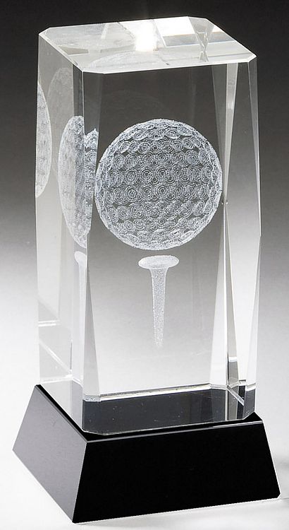 Crystal block with 3D golf ball & tee inside, mounted on black crystal base, TDL002 is 4.75" tall, Weighs 2.5 lbs.