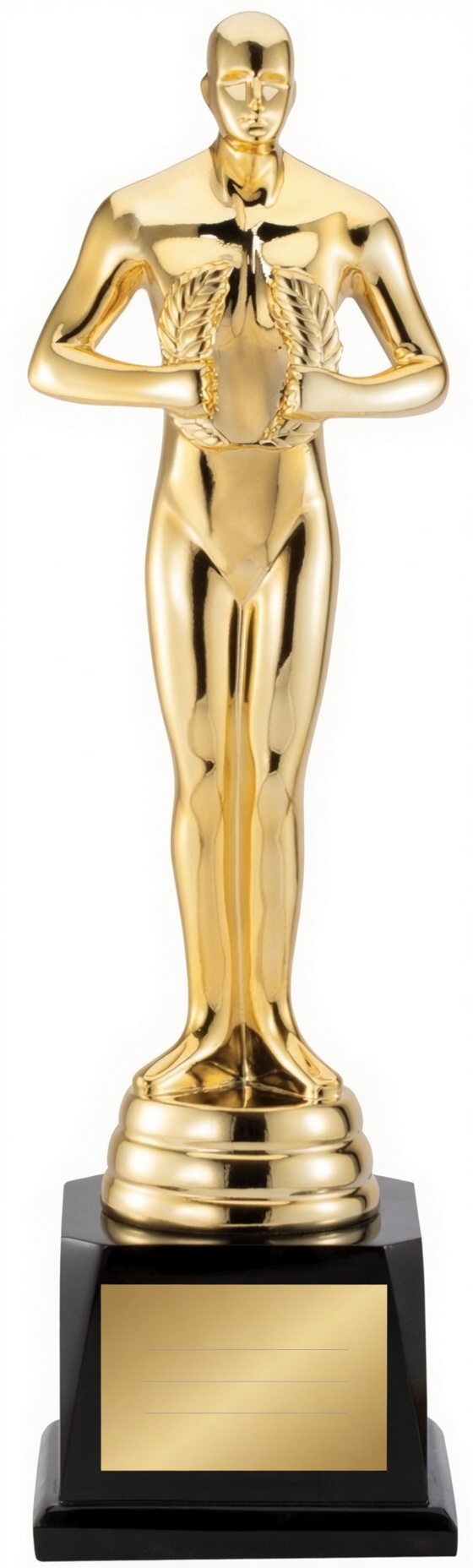 a tall, polished gold male figure statue holding two laurel wreaths, standing triumphantly on a sleek black base with a gold engraving plate. Shown in a straight frontal view against a white background.