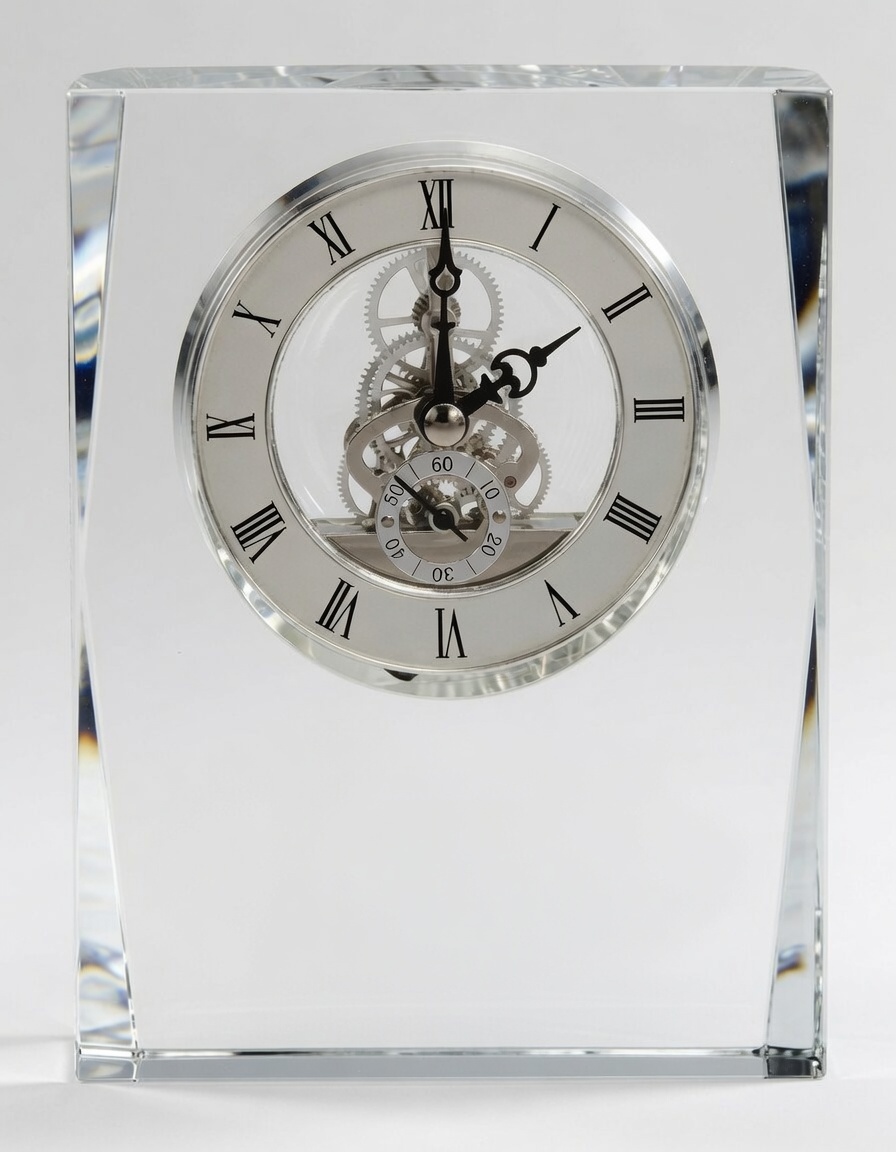 a premium clear optical crystal desk clock featuring a sophisticated exposed gear skeleton movement with Roman numerals, mounted in a solid rectangular crystal block. Shown in a straight frontal view and blank for custom engraving.