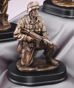 Bronze statue of a military solider kneeling on one knee with his gun in hand, MIL204 is 6" x 10", weighs 4.8 lbs.