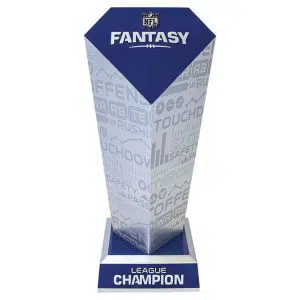 Diamond shaped tower trophy with a blue top & the NFL Shield Logo, the bottom reads League Champion