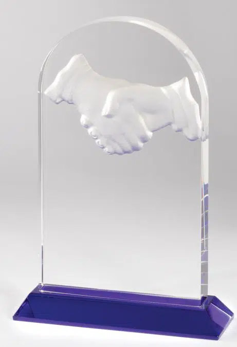 Our Handshake Award features a clear piece of crystal with an arched top and a 3D handshake towards the top third. The bottom 2/3rds is blank for laser engraving personalization. It's mounted on a blue crystal base for stability & decoration. This CRY639 award is 6.25" x 9" in size and weighs 4.4 lbs.