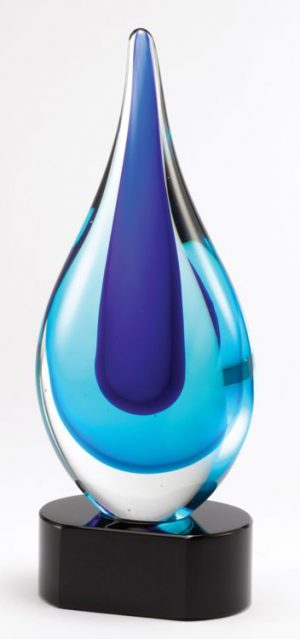 Glass rain drop with two shades of blue mounted on a black glass base.