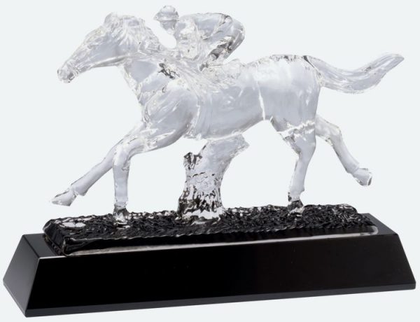 Crystal race horse with a jockey trophy