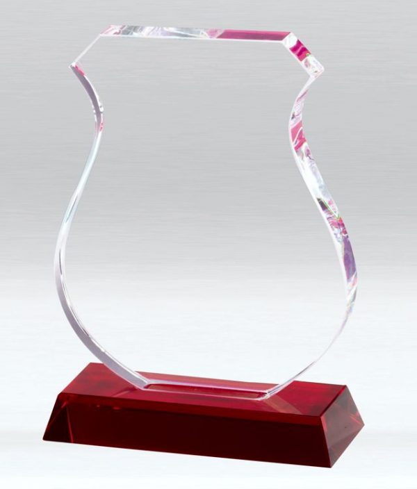 Crystal Award in the shape of a firefighter badge mounted on a red crystal base.