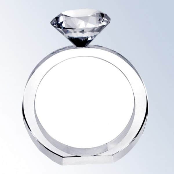 Crystal Award in the shape of a diamond ring with an actual solid crystal diamond on the top.