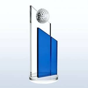 A crystal golf trophy with clear crystal in the back with a 1/2 crystal golf ball on the top slant of the trophy with a slanted blue crystal piece in the front for personalization.