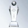 11" tall crystal golf award with a solid golf ball at the top, a middle area for engraving and crystal flare designs on each side.