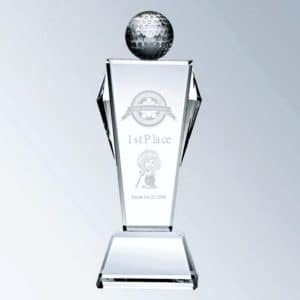 11" tall crystal golf award with a solid golf ball at the top, a middle area for engraving and crystal flare designs on each side.