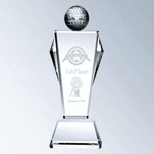 11" tall crystal golf award with a solid golf ball at the top, a middle area for engraving and crystal flare designs on each side.