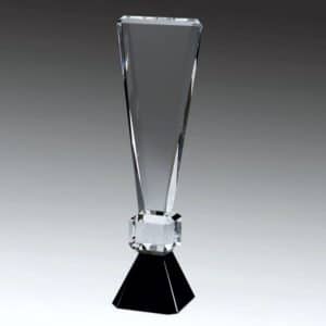 A crystal trophy made in the shape of an exclamation point. The long part is for personalization with the dot just below. It's all mounted on a black crystal base for stability.