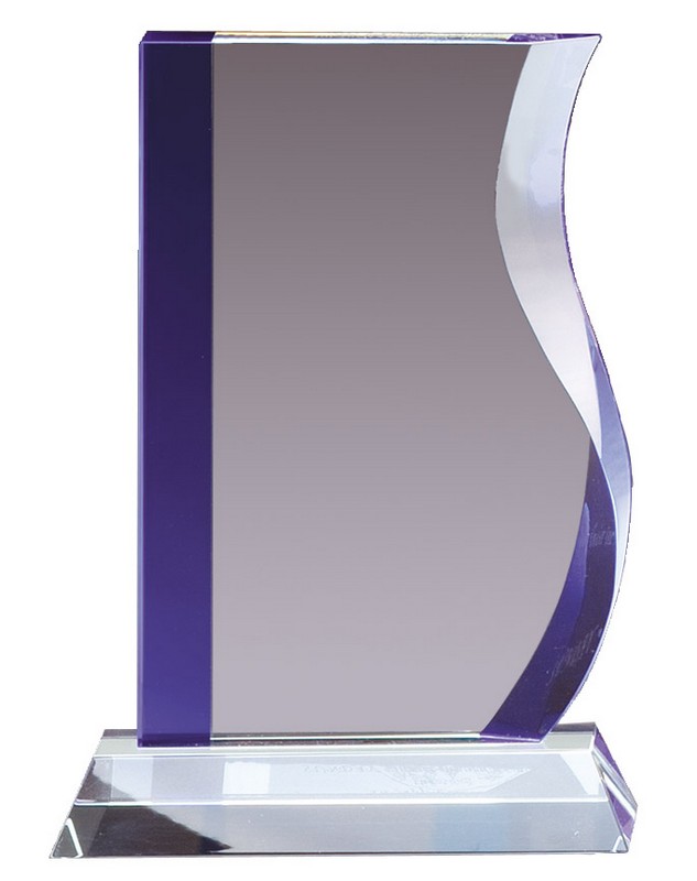 Sleek clear crystal trophy featuring a distinctive wave ripple design with vibrant blue accent on the left side. Perfect for corporate recognition, achievement awards, and engraved personalization on a premium crystal piece.