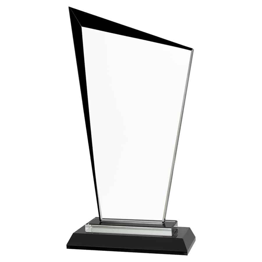 This is the middle size of the Black Razor Glass Award. It features black accents and a black glass base.