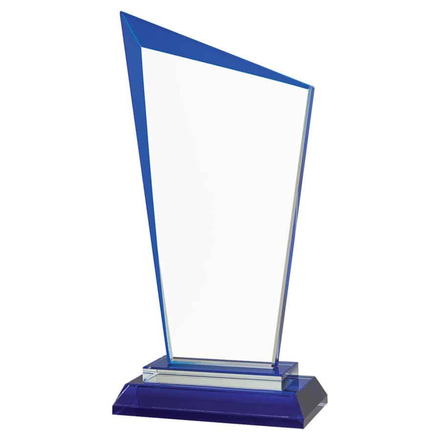 Our Blue Razor Glass Award that is contemporary and features a blue edge highlight.