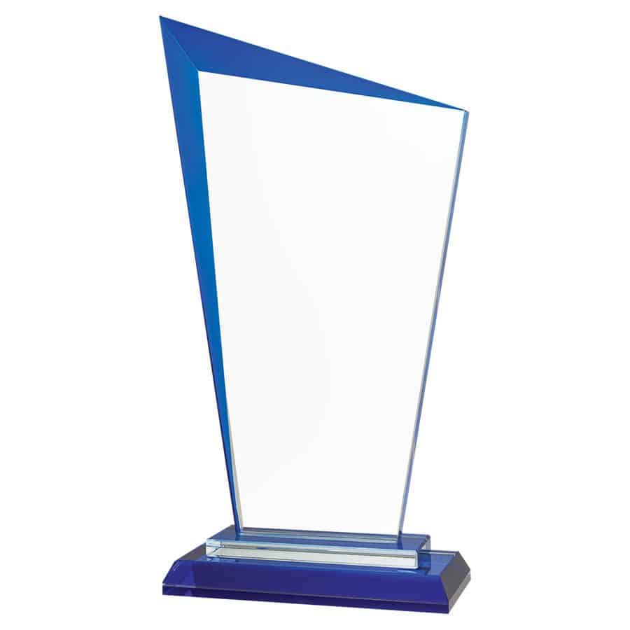 A blue edged contemporary glass award. It has a clear glass middle area for personalization and a blue glass base.